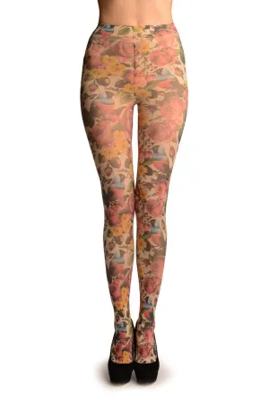 Vintage Birds & Roses Printed Tights