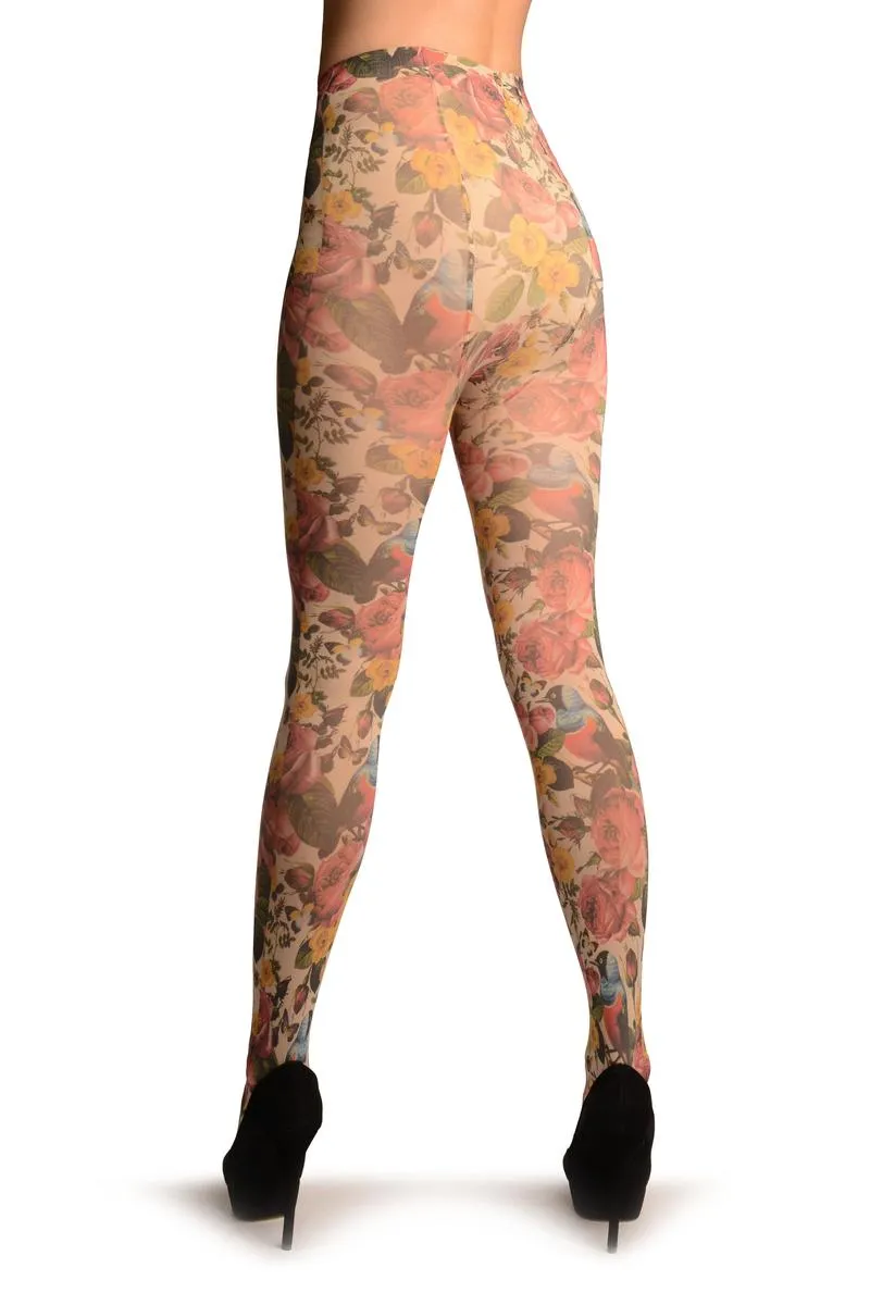 Vintage Birds & Roses Printed Tights