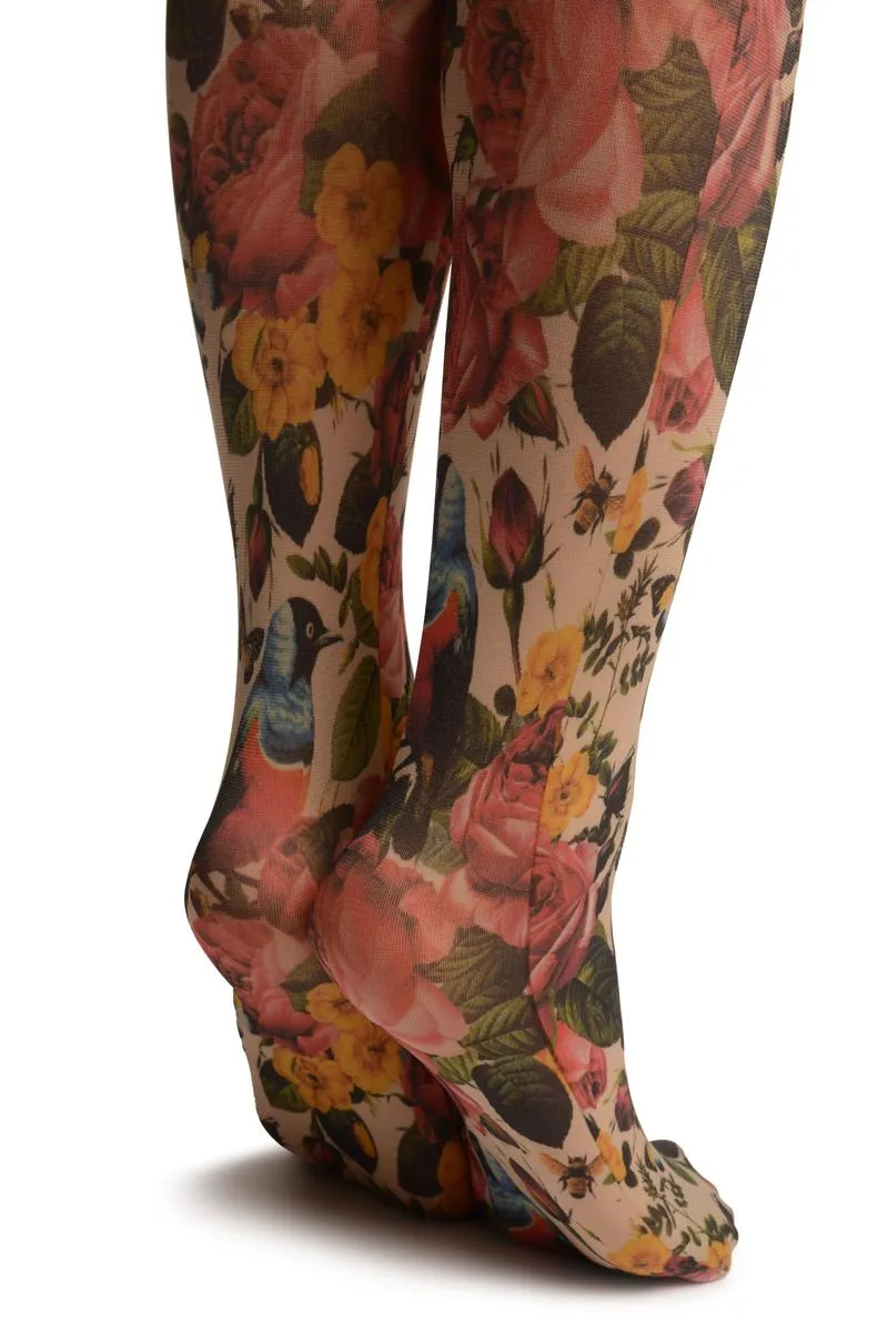 Vintage Birds & Roses Printed Tights