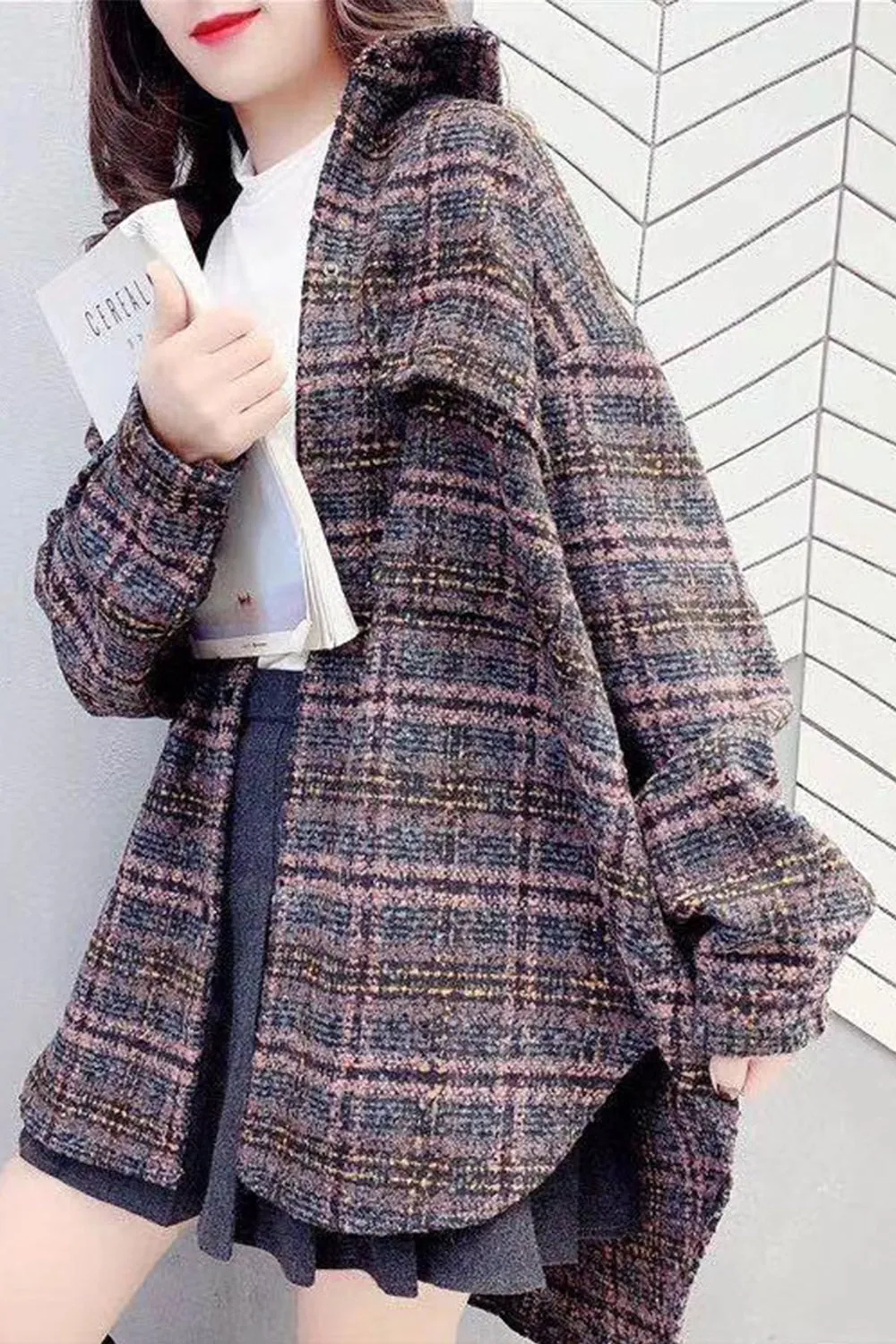 Vintage Hong Kong Style Plaid Fleece Coat