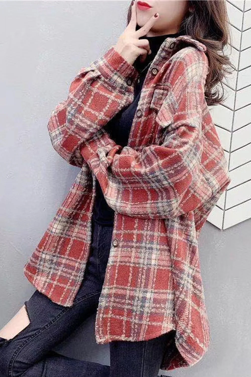 Vintage Hong Kong Style Plaid Fleece Coat