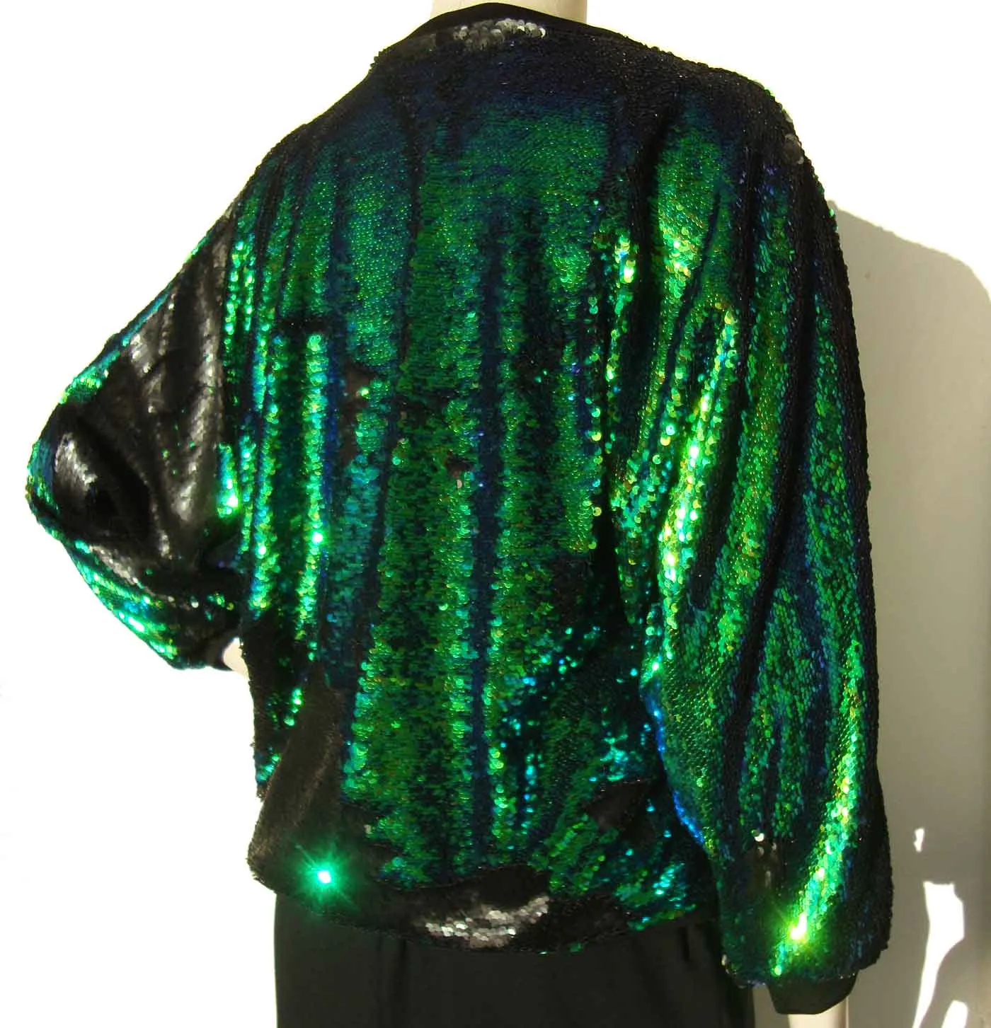 Vintage Sequin Bomber Jacket Metallic Green & Black Sequins M