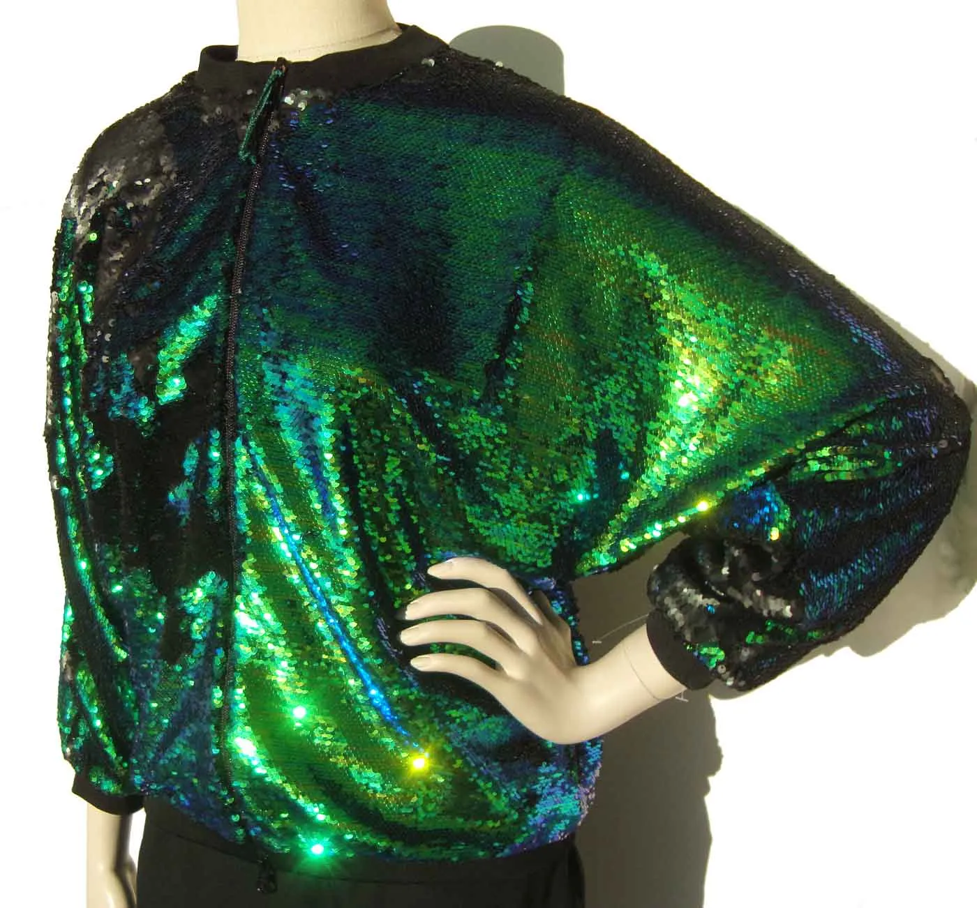 Vintage Sequin Bomber Jacket Metallic Green & Black Sequins M