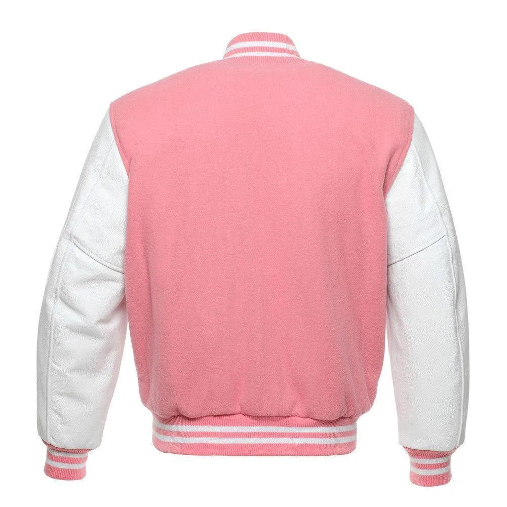 Warrior Gears Classic Hybrid Varsity Jacket for Kids, Toddler Letterman Bomber Jacket for Boys, Unisex Varsity Jacket Girls, Baby Pink Pure Wool Body & White Cowhide Leather Sleeves