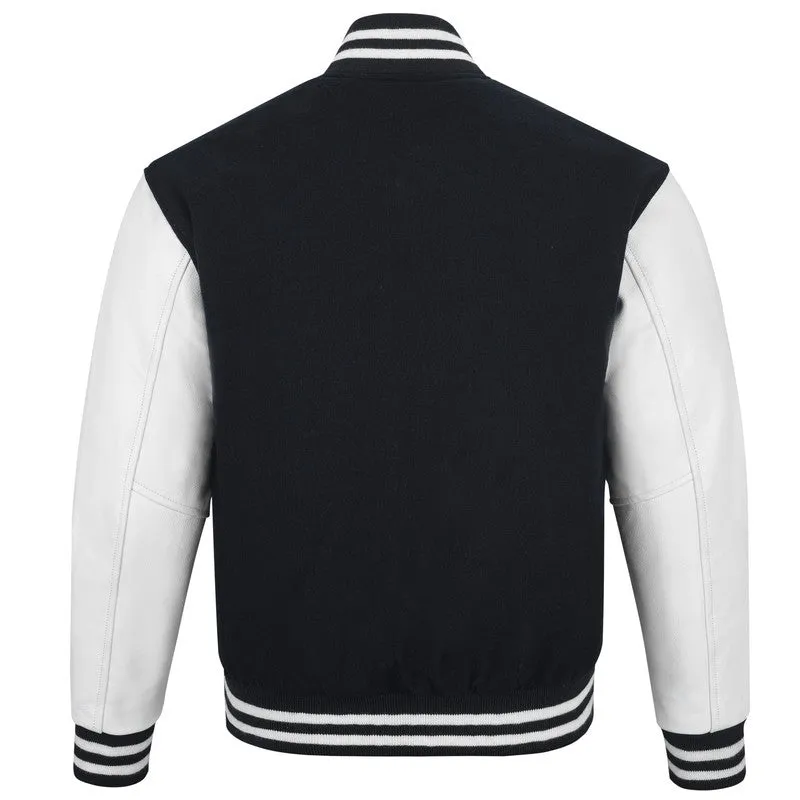 Warrior Gears Classic Hybrid Varsity Jacket for Kids, Toddler Letterman Bomber Jacket for Boys, Unisex Varsity Jacket Girls, Black Pure Wool Body & White Cowhide Leather Sleeves