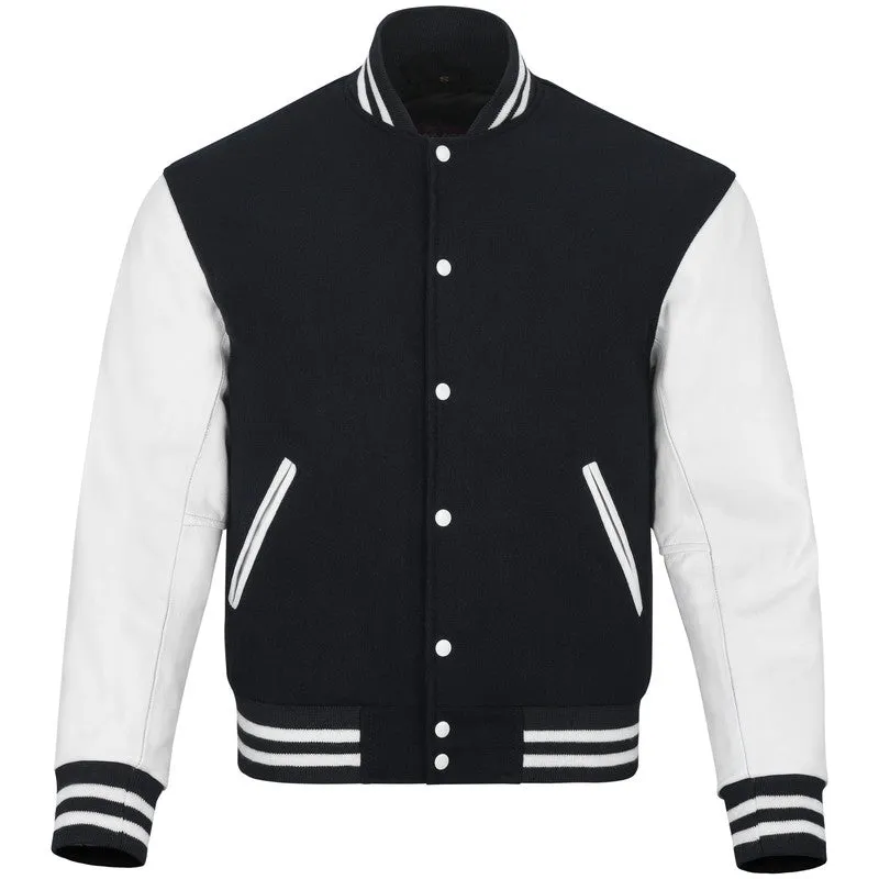 Warrior Gears Classic Hybrid Varsity Jacket for Kids, Toddler Letterman Bomber Jacket for Boys, Unisex Varsity Jacket Girls, Black Pure Wool Body & White Cowhide Leather Sleeves