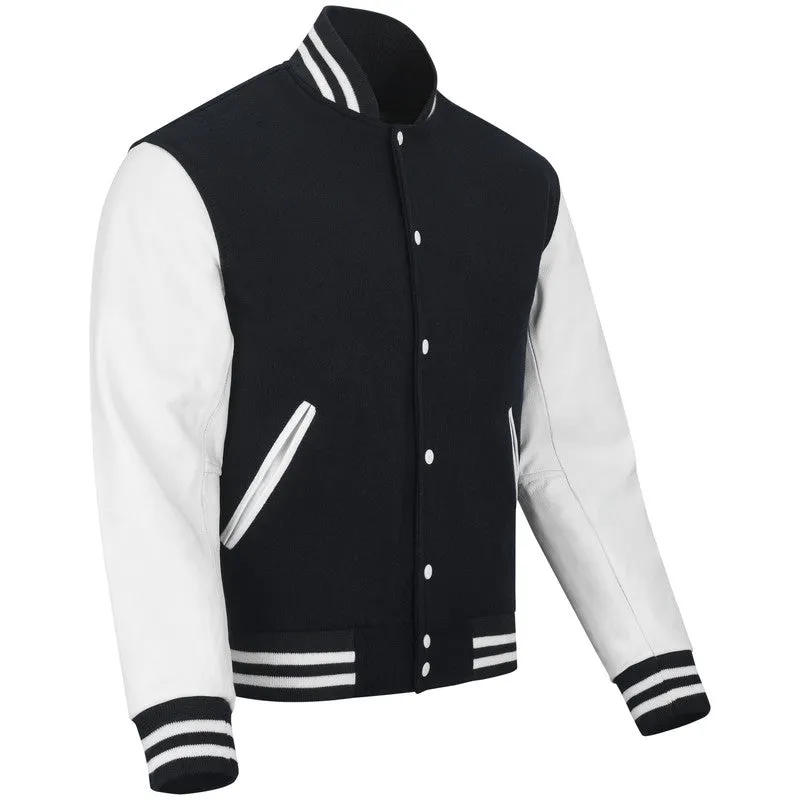 Warrior Gears Classic Hybrid Varsity Jacket for Kids, Toddler Letterman Bomber Jacket for Boys, Unisex Varsity Jacket Girls, Black Pure Wool Body & White Cowhide Leather Sleeves