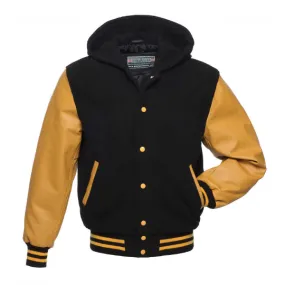 Warrior Gears Classic Hybrid Varsity Jacket for Kids, Toddler Letterman Bomber Jacket for Boys, Unisex Varsity   Jacket Girls, Black Wool Body & Brown Cowhide Leather Sleeves with Hood