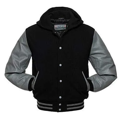 Warrior Gears Classic Hybrid Varsity Jacket for Kids, Toddler Letterman Bomber Jacket for Boys, Unisex Varsity   Jacket Girls, Black Wool Body & Grey Cowhide Leather Sleeves with Hood