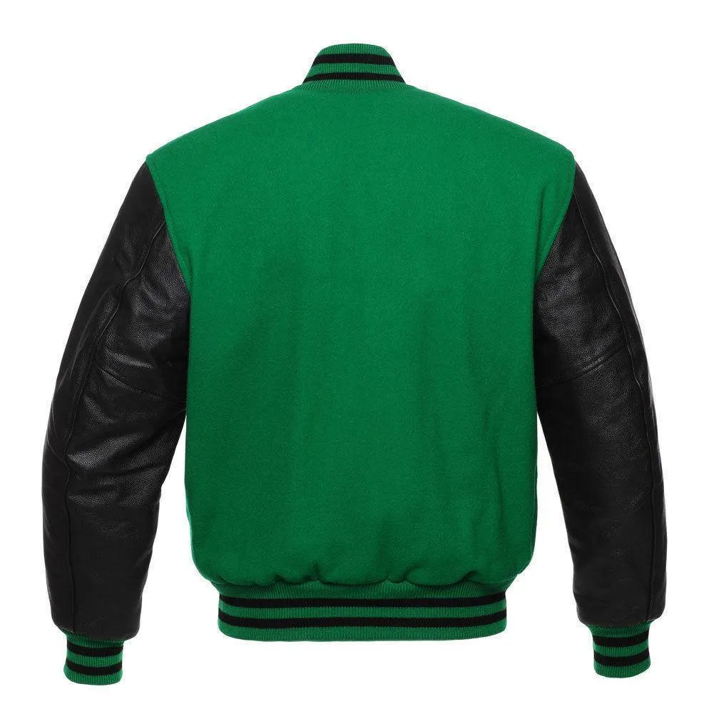 Warrior Gears Classic Hybrid Varsity Jacket for Kids, Toddler Letterman Bomber Jacket for Boys, Unisex Varsity Jacket Girls, Green Pure Wool Body & Black Cowhide Leather Sleeves