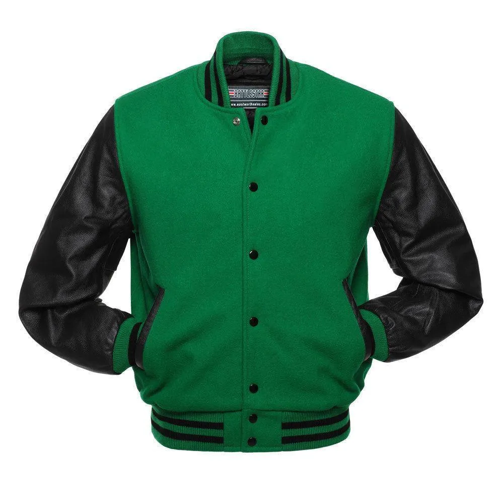 Warrior Gears Classic Hybrid Varsity Jacket for Kids, Toddler Letterman Bomber Jacket for Boys, Unisex Varsity Jacket Girls, Green Pure Wool Body & Black Cowhide Leather Sleeves