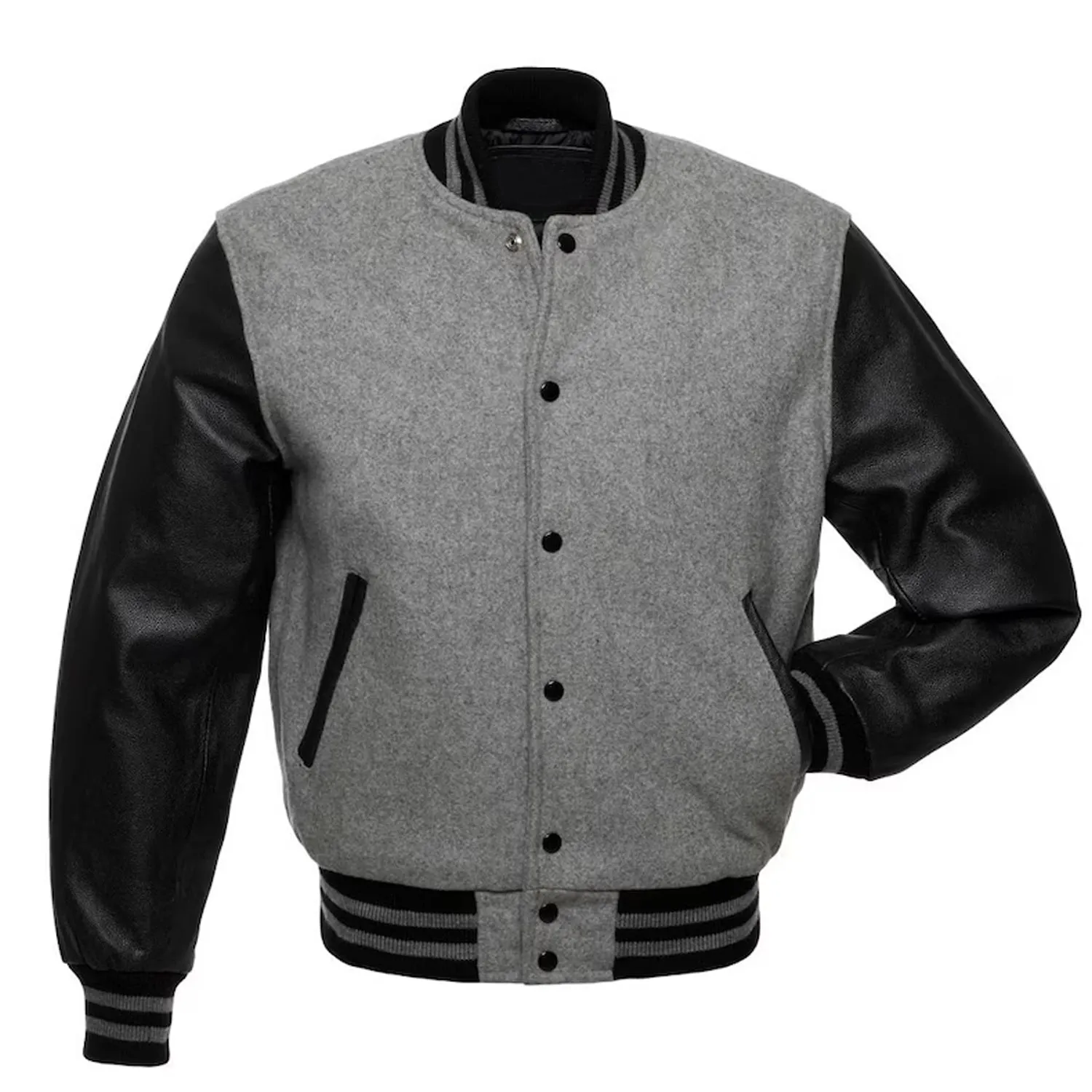 Warrior Gears Classic Hybrid Varsity Jacket for Kids, Toddler Letterman Bomber Jacket for Boys, Unisex Varsity Jacket Girls, Light Grey Pure Wool Body & Black Cowhide Leather Sleeves