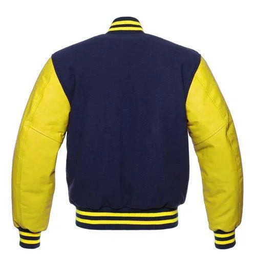 Warrior Gears Classic Hybrid Varsity Jacket for Kids, Toddler Letterman Bomber Jacket for Boys, Unisex Varsity Jacket Girls, Navy Blue Pure Wool Body & Yellow Cowhide Leather Sleeves