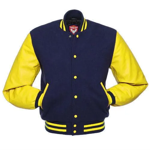 Warrior Gears Classic Hybrid Varsity Jacket for Kids, Toddler Letterman Bomber Jacket for Boys, Unisex Varsity Jacket Girls, Navy Blue Pure Wool Body & Yellow Cowhide Leather Sleeves