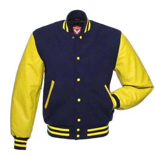 Warrior Gears Classic Hybrid Varsity Jacket for Kids, Toddler Letterman Bomber Jacket for Boys, Unisex Varsity Jacket Girls, Navy Blue Pure Wool Body & Yellow Cowhide Leather Sleeves