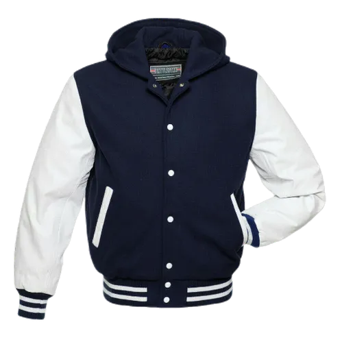 Warrior Gears Classic Hybrid Varsity Jacket for Kids, Toddler Letterman Bomber Jacket for Boys, Unisex Varsity   Jacket Girls, Navy Blue Wool Body & White Cowhide Leather Sleeves