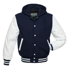 Warrior Gears Classic Hybrid Varsity Jacket for Kids, Toddler Letterman Bomber Jacket for Boys, Unisex Varsity   Jacket Girls, Navy Blue Wool Body & White Cowhide Leather Sleeves