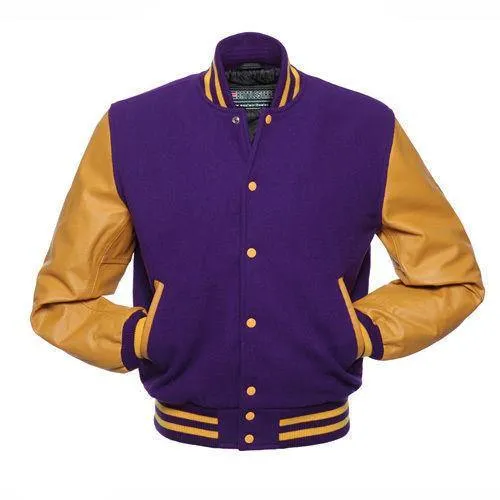 Warrior Gears Classic Hybrid Varsity Jacket for Kids, Toddler Letterman Bomber Jacket for Boys, Unisex Varsity Jacket Girls, Purple Pure Wool Body & Gold Cowhide Leather Sleeves