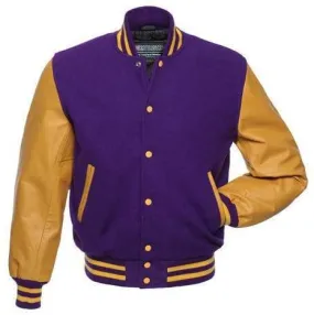 Warrior Gears Classic Hybrid Varsity Jacket for Kids, Toddler Letterman Bomber Jacket for Boys, Unisex Varsity Jacket Girls, Purple Pure Wool Body & Gold Cowhide Leather Sleeves