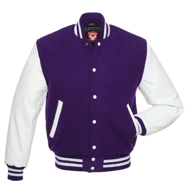 Warrior Gears Classic Hybrid Varsity Jacket for Kids, Toddler Letterman Bomber Jacket for Boys, Unisex Varsity Jacket Girls, Purple  Pure Wool Body & White Cowhide Leather Sleeves