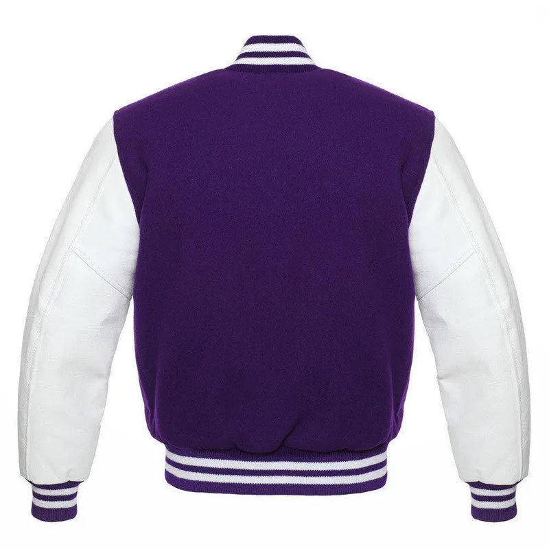 Warrior Gears Classic Hybrid Varsity Jacket for Kids, Toddler Letterman Bomber Jacket for Boys, Unisex Varsity Jacket Girls, Purple  Pure Wool Body & White Cowhide Leather Sleeves