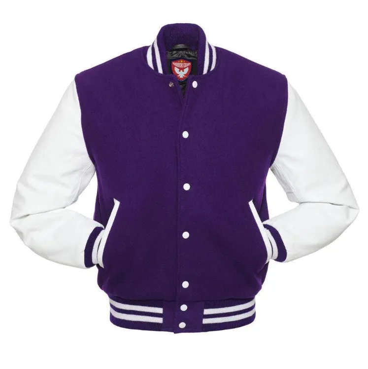 Warrior Gears Classic Hybrid Varsity Jacket for Kids, Toddler Letterman Bomber Jacket for Boys, Unisex Varsity Jacket Girls, Purple  Pure Wool Body & White Cowhide Leather Sleeves