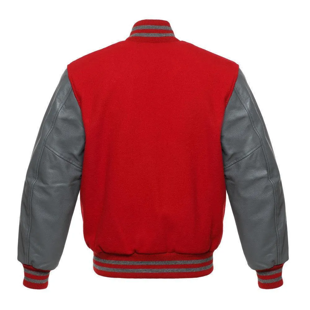 Warrior Gears Classic Hybrid Varsity Jacket for Kids, Toddler Letterman Bomber Jacket for Boys, Unisex Varsity Jacket Girls, Red Pure Wool Body & Grey Cowhide Leather Sleeves