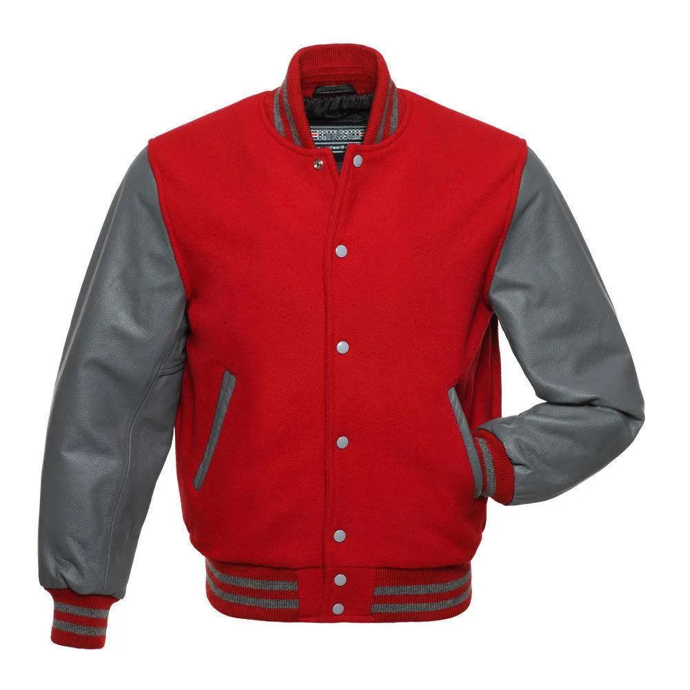 Warrior Gears Classic Hybrid Varsity Jacket for Kids, Toddler Letterman Bomber Jacket for Boys, Unisex Varsity Jacket Girls, Red Pure Wool Body & Grey Cowhide Leather Sleeves