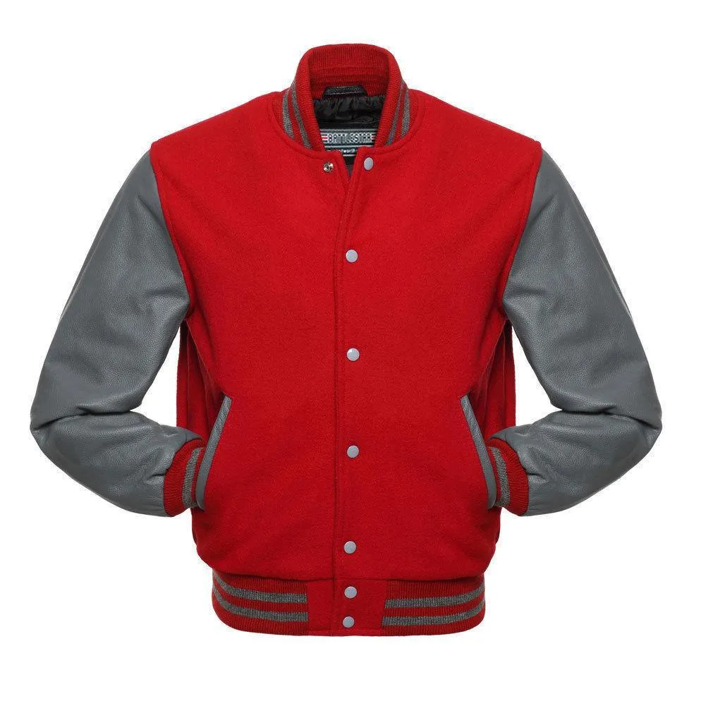 Warrior Gears Classic Hybrid Varsity Jacket for Kids, Toddler Letterman Bomber Jacket for Boys, Unisex Varsity Jacket Girls, Red Pure Wool Body & Grey Cowhide Leather Sleeves