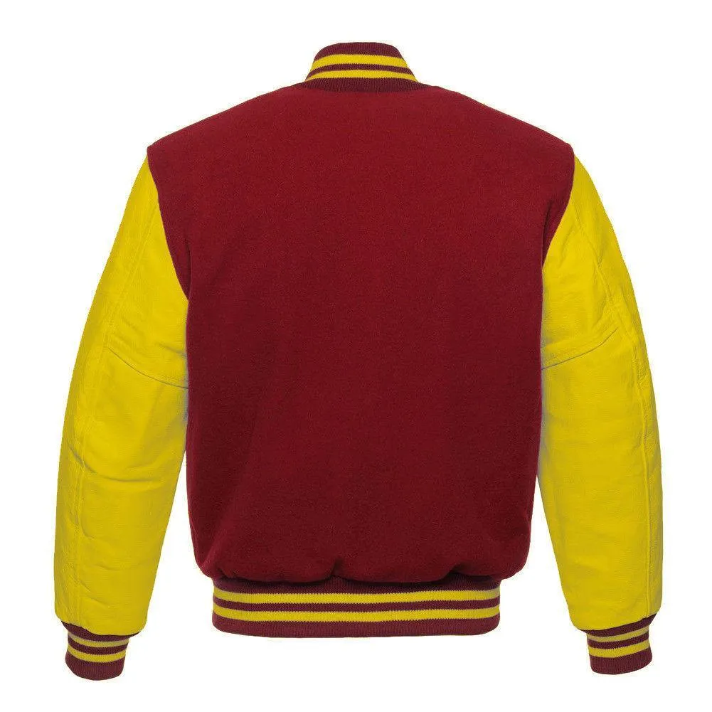 Warrior Gears Classic Hybrid Varsity Jacket for Kids, Toddler Letterman Bomber Jacket for Boys, Unisex Varsity Jacket Girls, Red Pure Wool Body & Yellow Cowhide Leather Sleeves