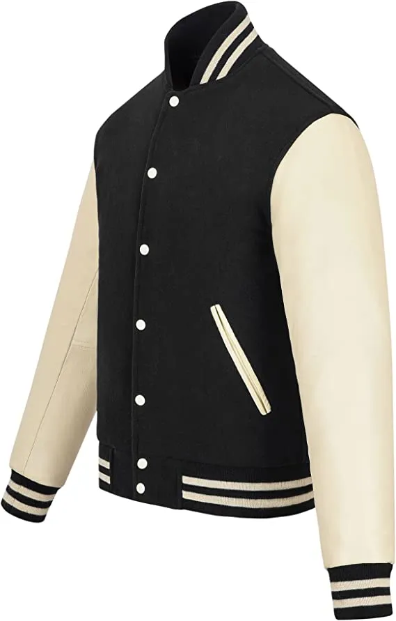 Warrior Gears Classic Hybrid Varsity Jacket University Letterman Bomber Jacket, Pure Wool & Original Cowhide Leather Jacket, Black Pure Wool Body & Cream Real Leather Sleeves