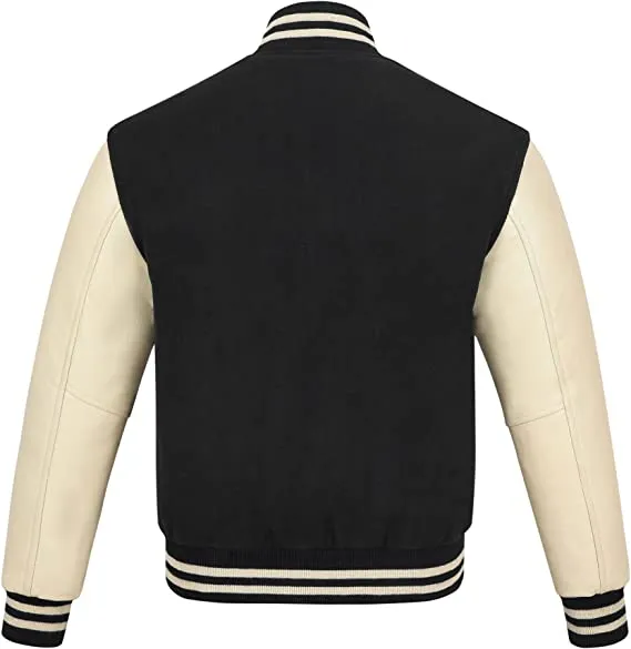 Warrior Gears Classic Hybrid Varsity Jacket University Letterman Bomber Jacket, Pure Wool & Original Cowhide Leather Jacket, Black Pure Wool Body & Cream Real Leather Sleeves