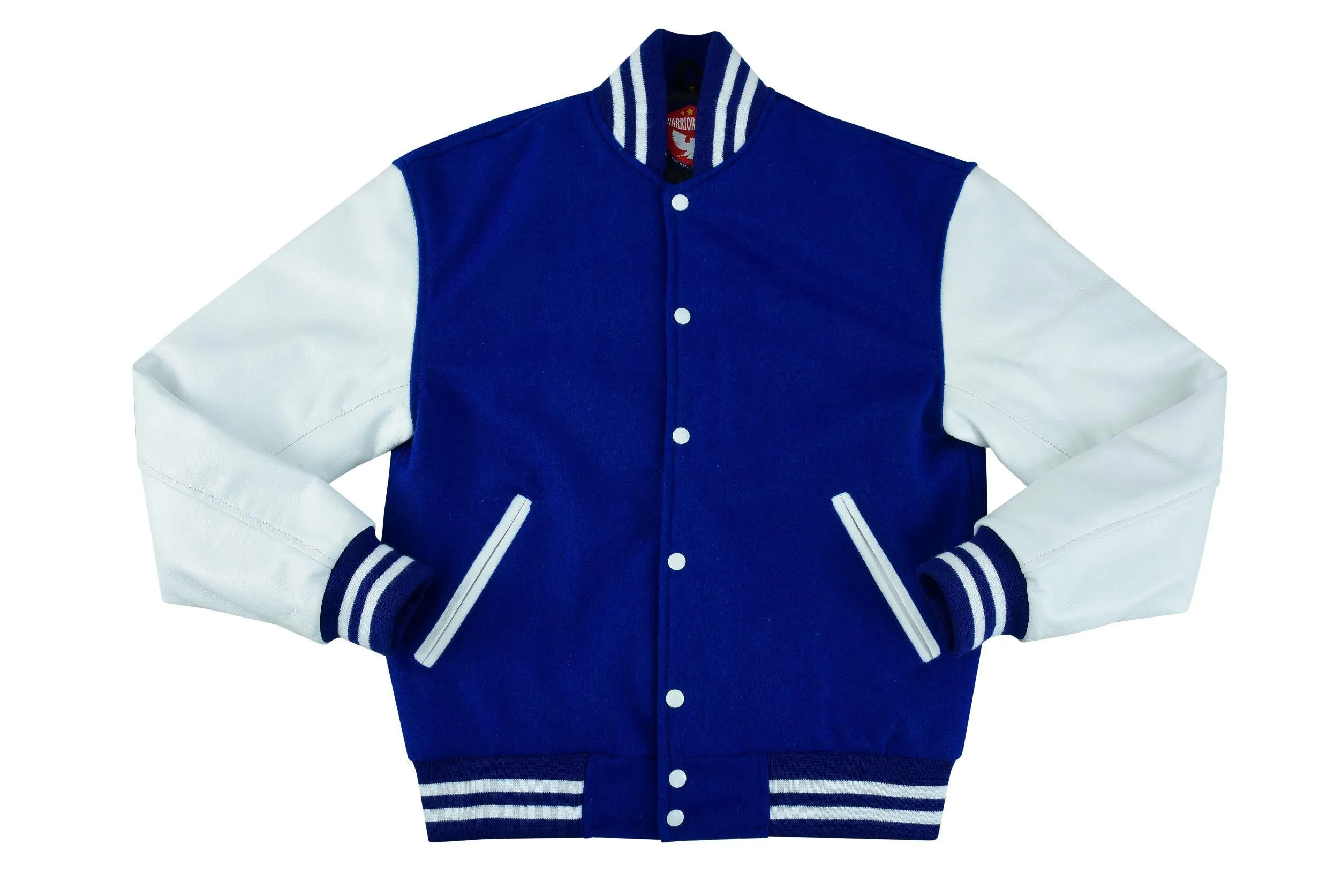 Warrior Gears Classic Hybrid Varsity Jacket University Letterman Bomber Jacket, Pure Wool & Original Cowhide Leather Jacket, Blue Wool Body and White Leather Sleeves