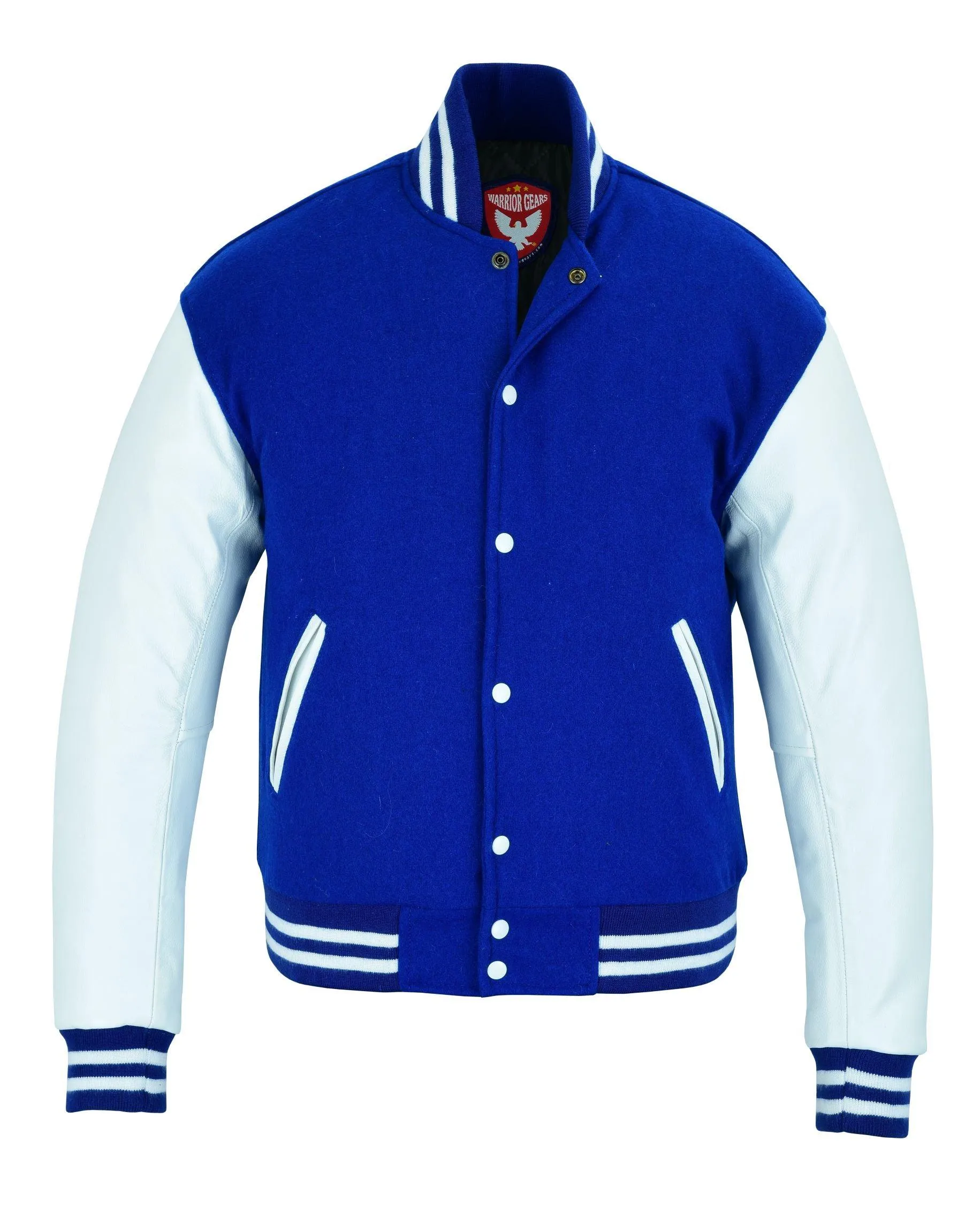 Warrior Gears Classic Hybrid Varsity Jacket University Letterman Bomber Jacket, Pure Wool & Original Cowhide Leather Jacket, Blue Wool Body and White Leather Sleeves