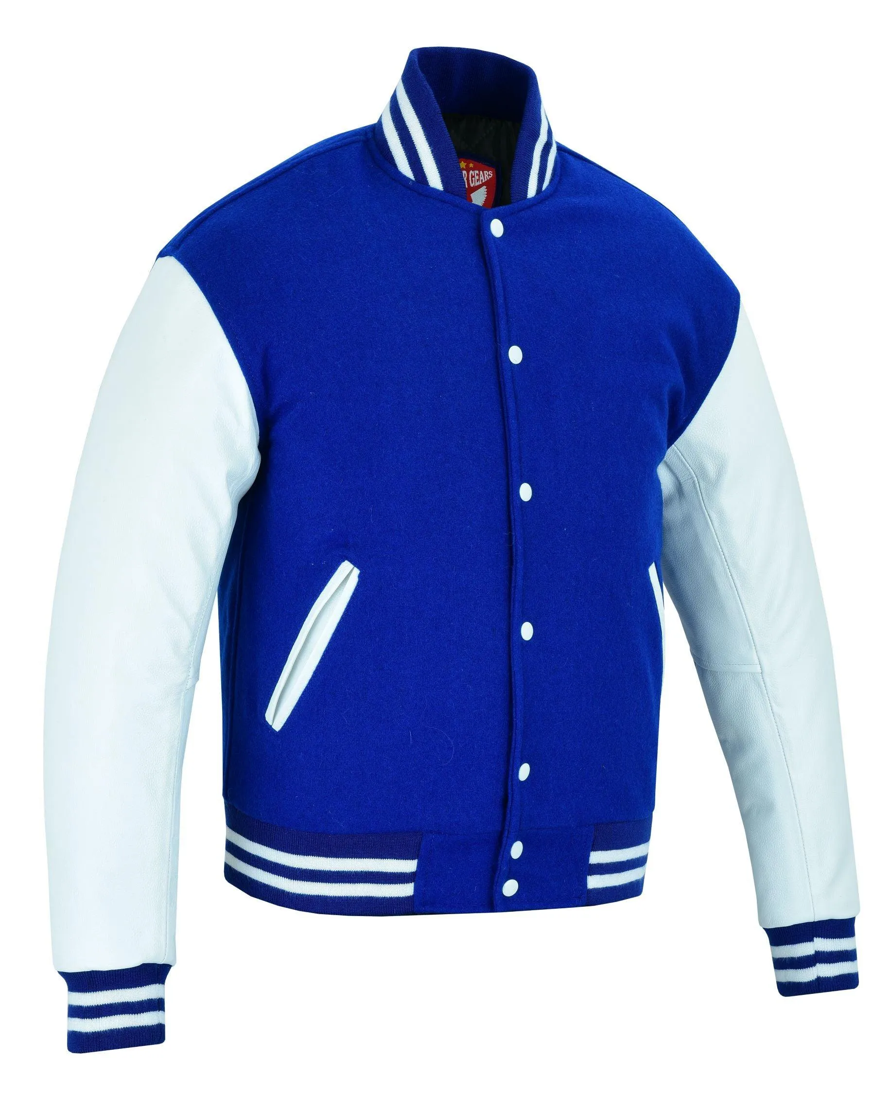 Warrior Gears Classic Hybrid Varsity Jacket University Letterman Bomber Jacket, Pure Wool & Original Cowhide Leather Jacket, Blue Wool Body and White Leather Sleeves