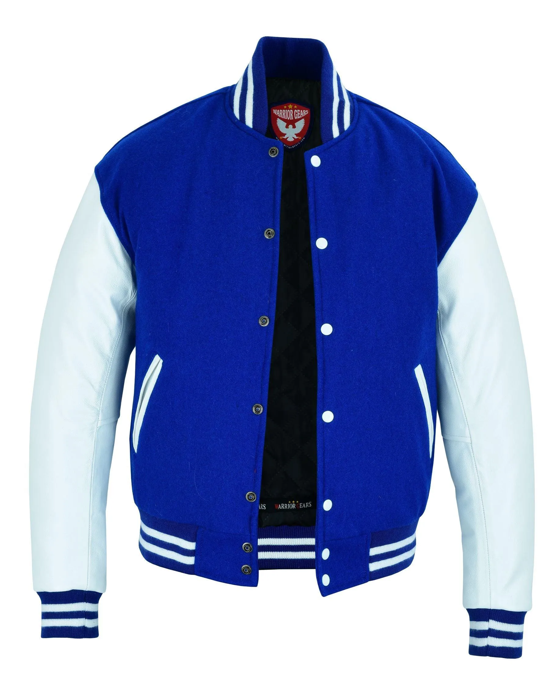 Warrior Gears Classic Hybrid Varsity Jacket University Letterman Bomber Jacket, Pure Wool & Original Cowhide Leather Jacket, Blue Wool Body and White Leather Sleeves