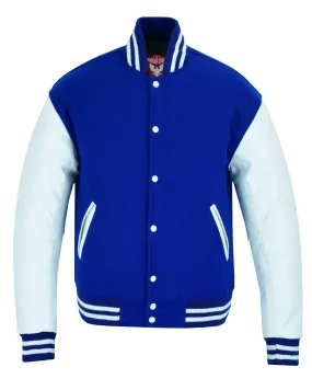 Warrior Gears Classic Hybrid Varsity Jacket University Letterman Bomber Jacket, Pure Wool & Original Cowhide Leather Jacket, Blue Wool Body and White Leather Sleeves