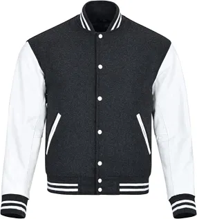 Warrior Gears Classic Hybrid Varsity Jacket University Letterman Bomber Jacket, Pure Wool & Original Cowhide Leather Jacket, Dark Grey Pure Wool Body & White Real Leather Sleeves