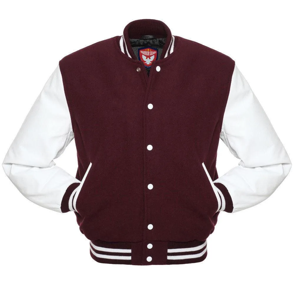 Warrior Gears Classic Hybrid Varsity Jacket University Letterman Bomber Jacket, Pure Wool & Original Cowhide Leather Jacket, Maroon Wool Body & White Leather Sleeves