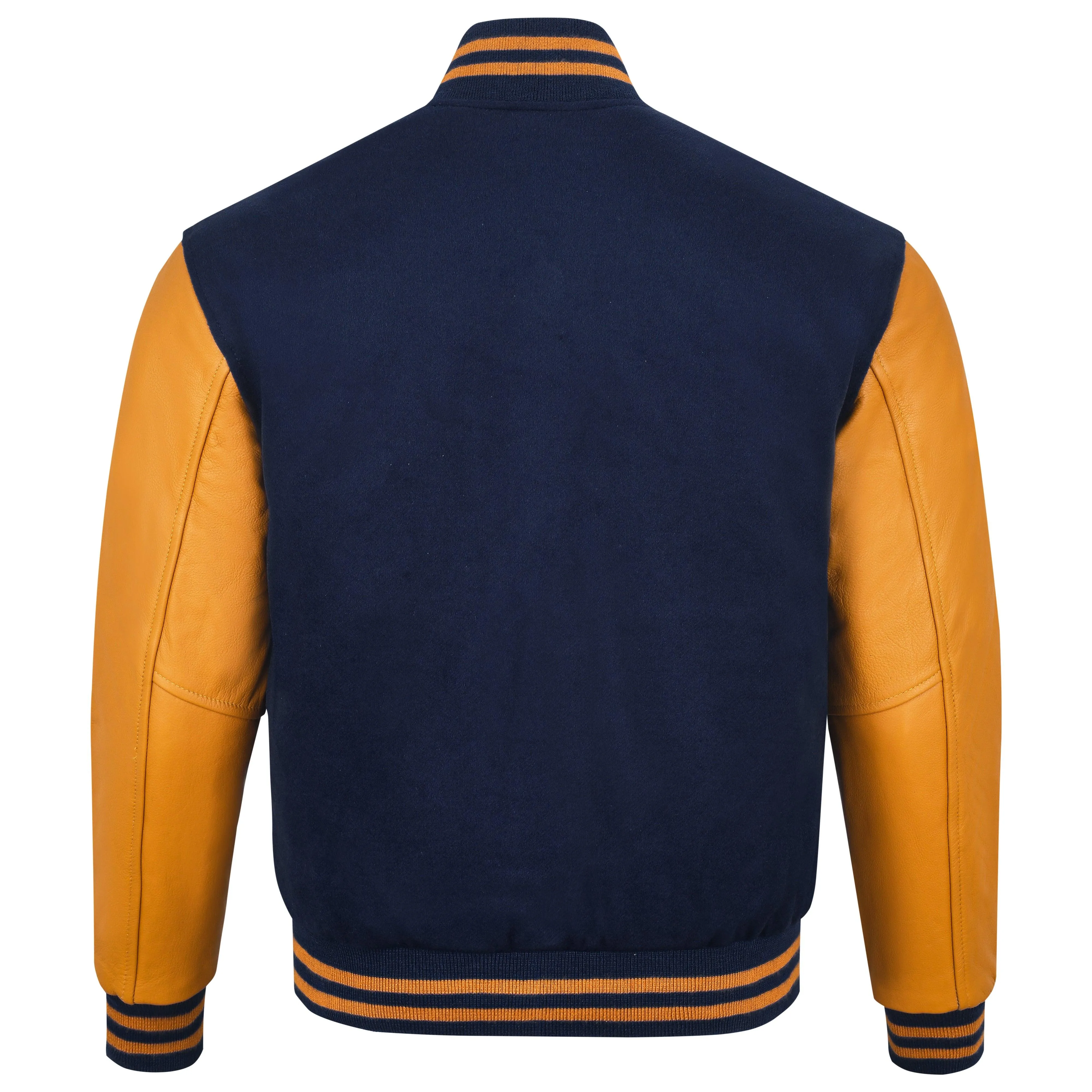 Warrior Gears Classic Hybrid Varsity Jacket University Letterman Bomber Jacket, Pure Wool & Original Cowhide Leather Jacket, Navy Blue Pure Wool Body & Gold Real Leather Sleeves