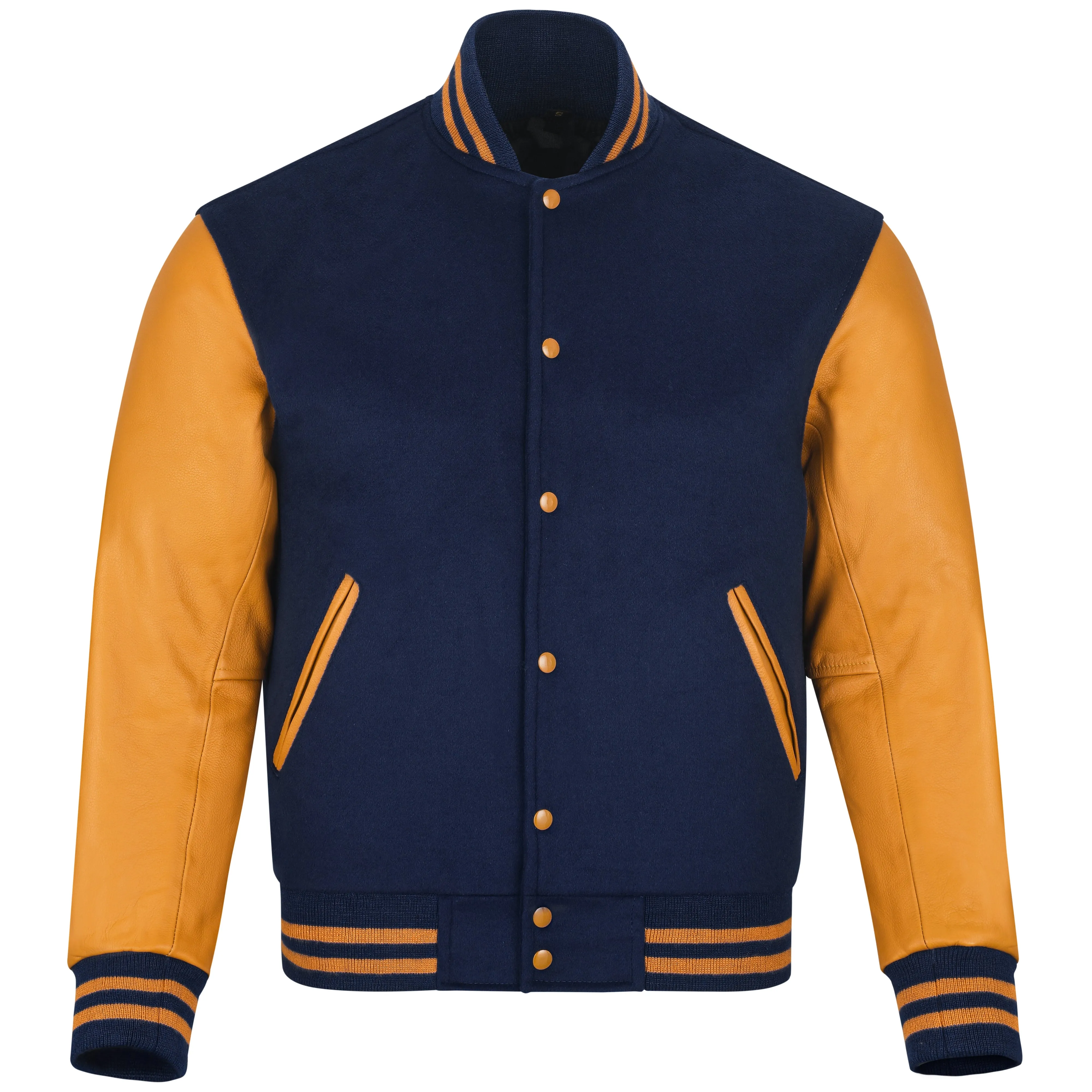 Warrior Gears Classic Hybrid Varsity Jacket University Letterman Bomber Jacket, Pure Wool & Original Cowhide Leather Jacket, Navy Blue Wool Body & Gold Leather Sleeves