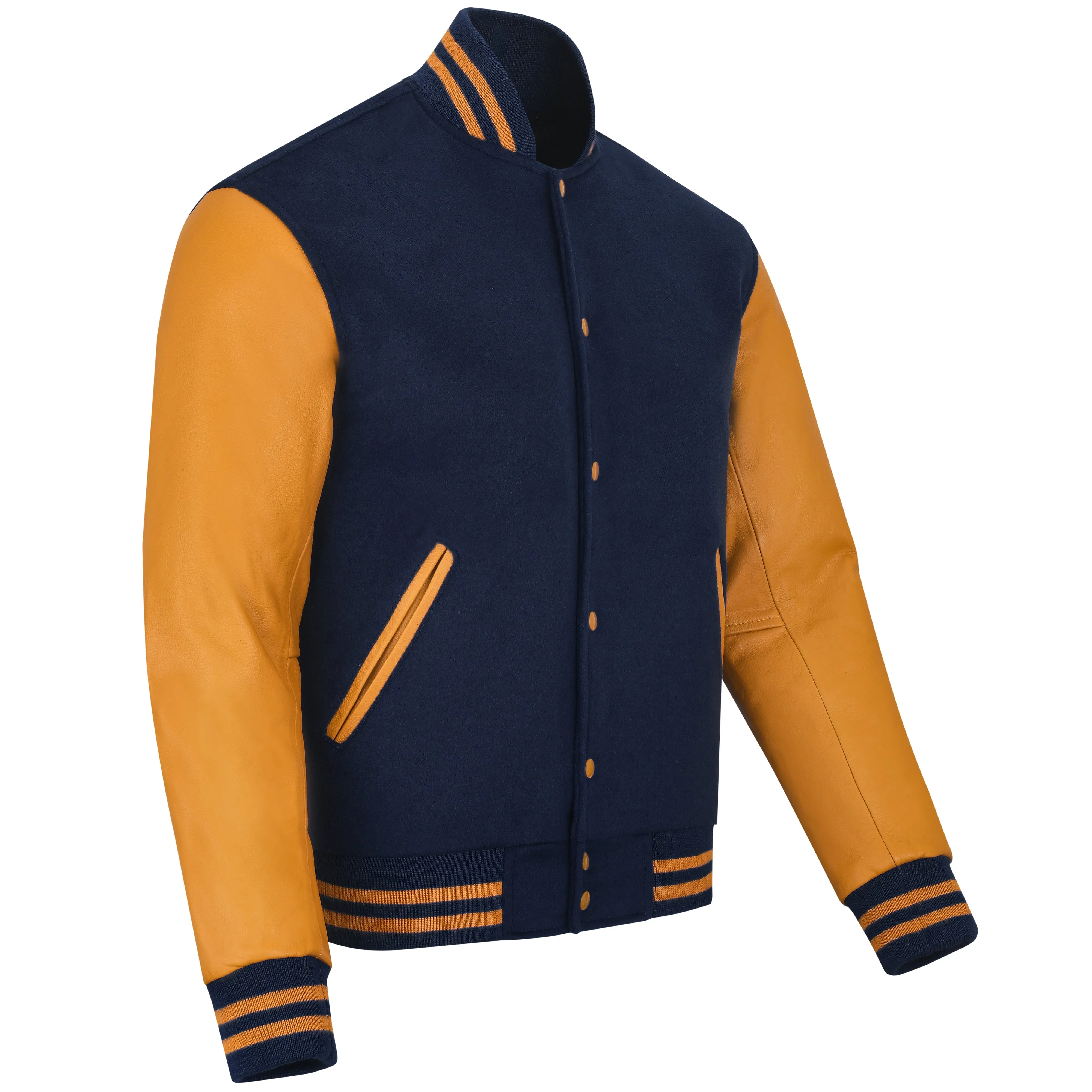 Warrior Gears Classic Hybrid Varsity Jacket University Letterman Bomber Jacket, Pure Wool & Original Cowhide Leather Jacket, Navy Blue Wool Body & Gold Leather Sleeves