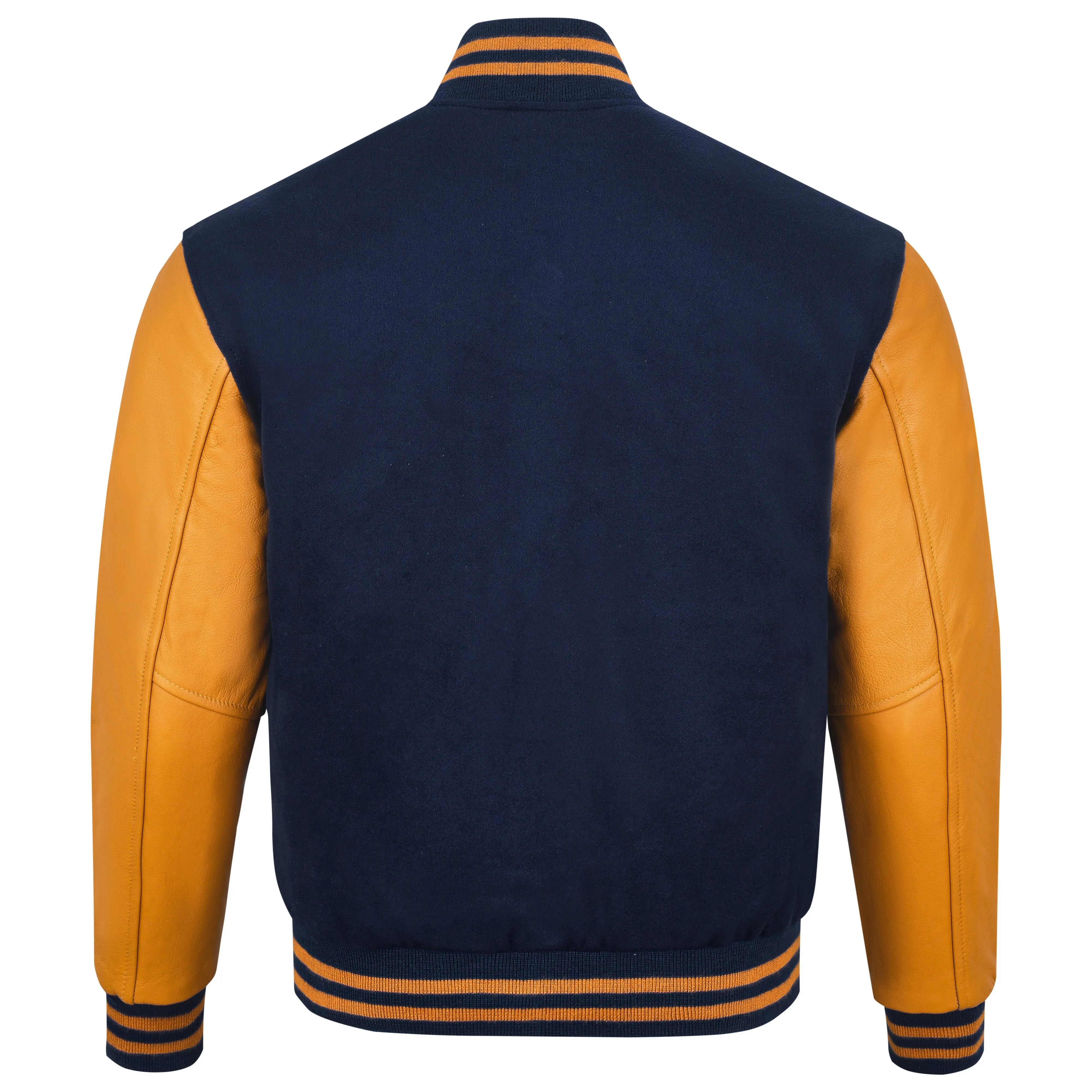 Warrior Gears Classic Hybrid Varsity Jacket University Letterman Bomber Jacket, Pure Wool & Original Cowhide Leather Jacket, Navy Blue Wool Body & Gold Leather Sleeves