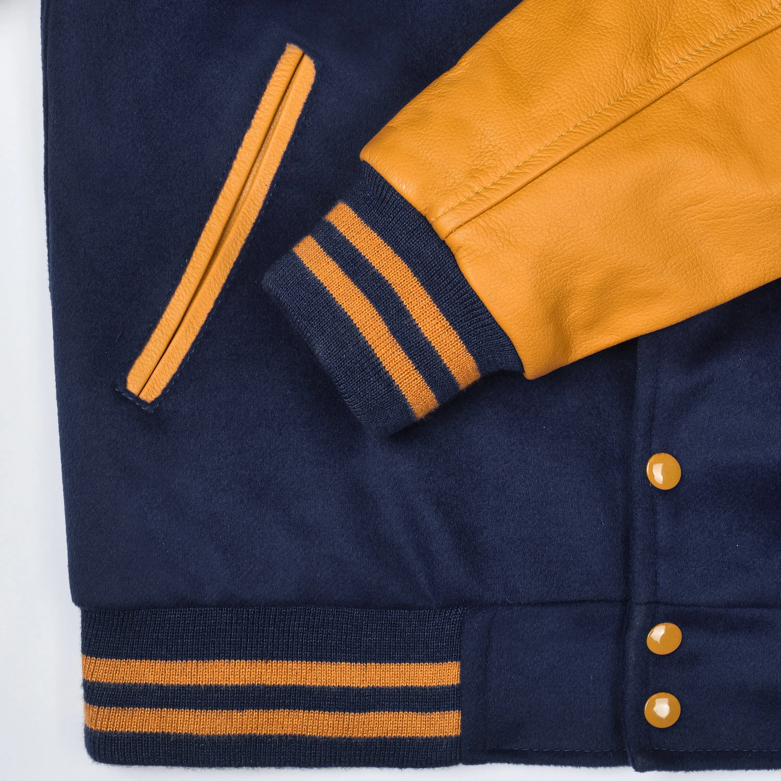 Warrior Gears Classic Hybrid Varsity Jacket University Letterman Bomber Jacket, Pure Wool & Original Cowhide Leather Jacket, Navy Blue Wool Body & Gold Leather Sleeves