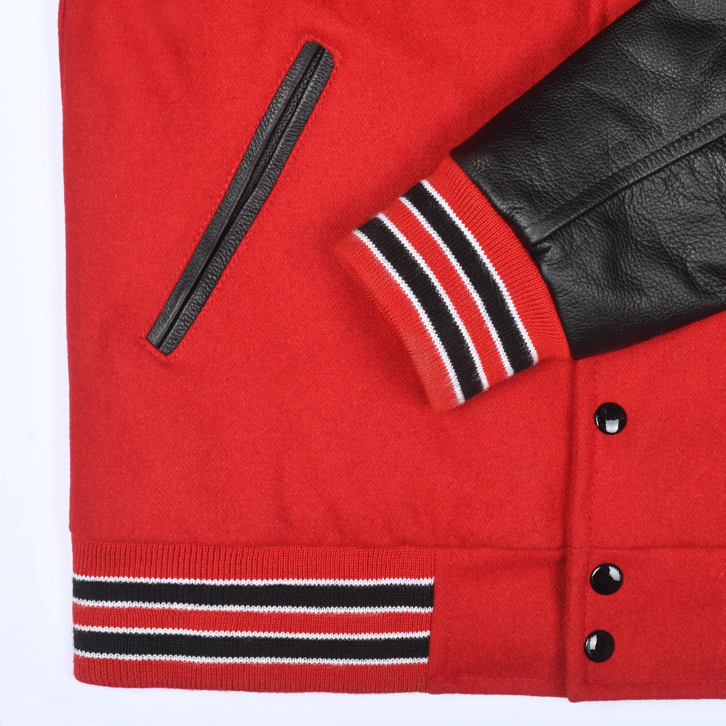 Warrior Gears Classic Hybrid Varsity Jacket University Letterman Bomber Jacket, Pure Wool & Original Cowhide Leather Jacket, Red Pure Wool Body & Black Real Leather Sleeves