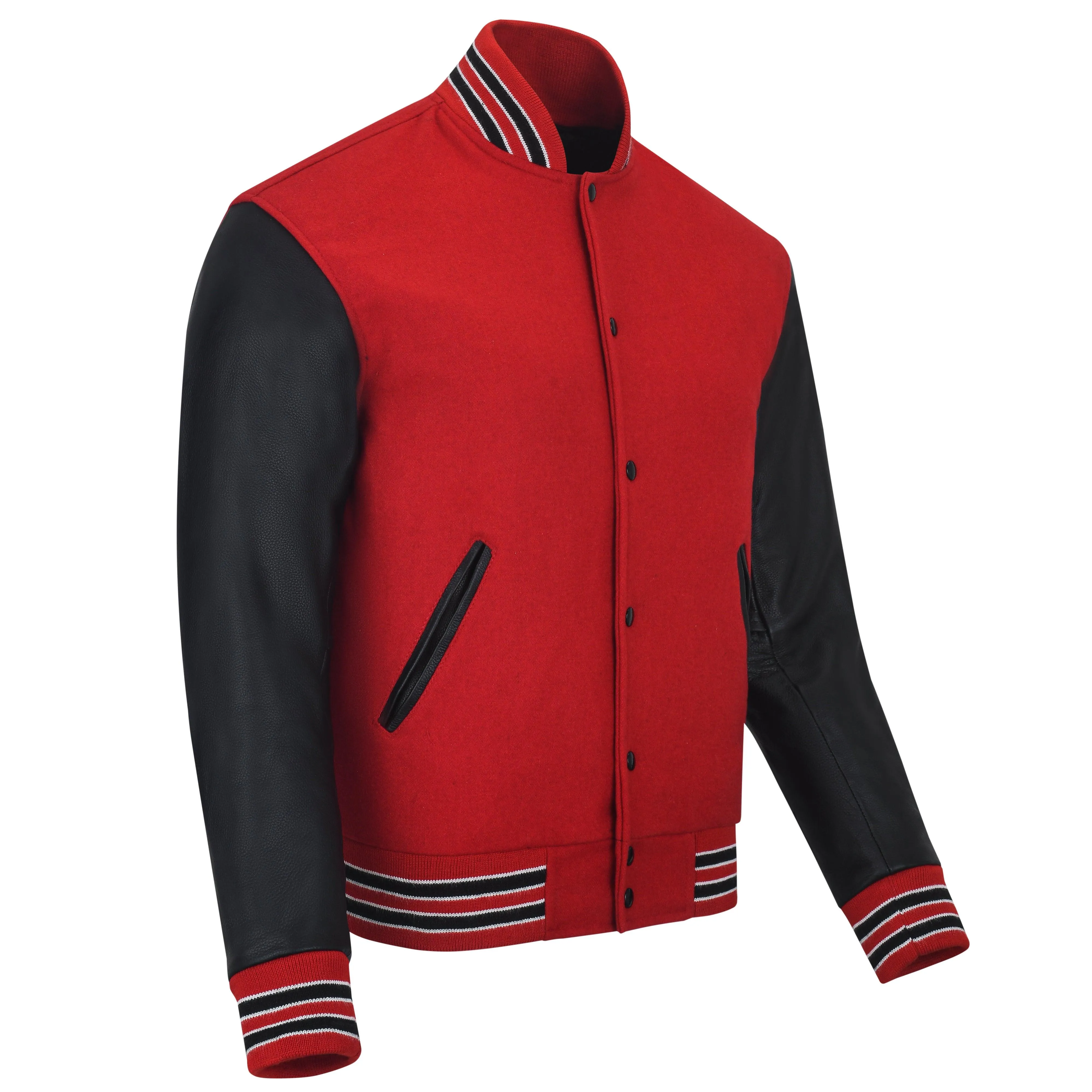 Warrior Gears Classic Hybrid Varsity Jacket University Letterman Bomber Jacket, Pure Wool & Original Cowhide Leather Jacket, Red Pure Wool Body & Black Real Leather Sleeves