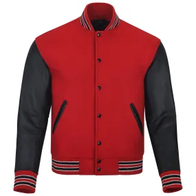 Warrior Gears Classic Hybrid Varsity Jacket University Letterman Bomber Jacket, Pure Wool & Original Cowhide Leather Jacket, Red Pure Wool Body & Black Real Leather Sleeves