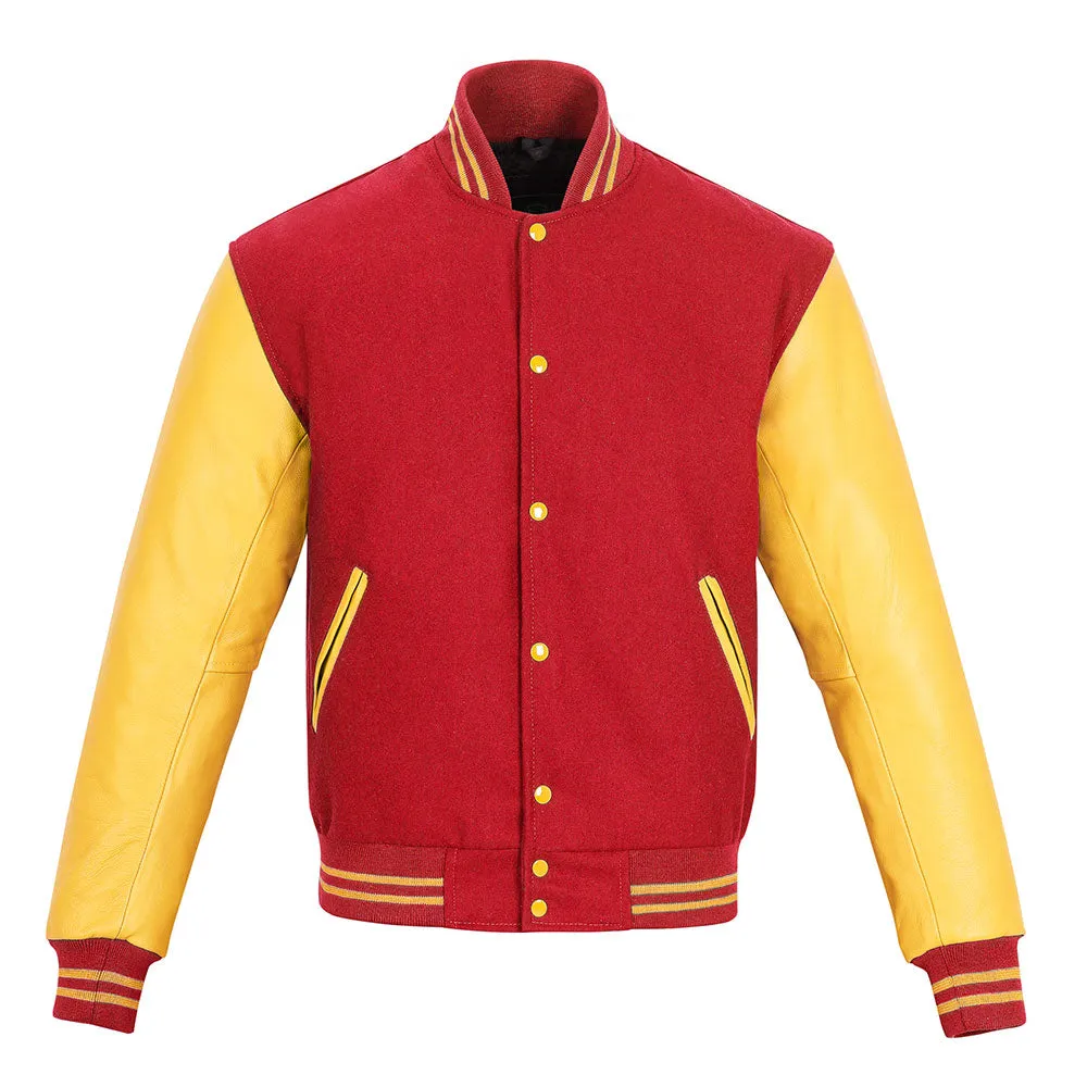 Warrior Gears Classic Hybrid Varsity Jacket University Letterman Bomber Jacket, Pure Wool & Original Cowhide Leather Jacket, Red Wool Body & Gold Leather Sleeves