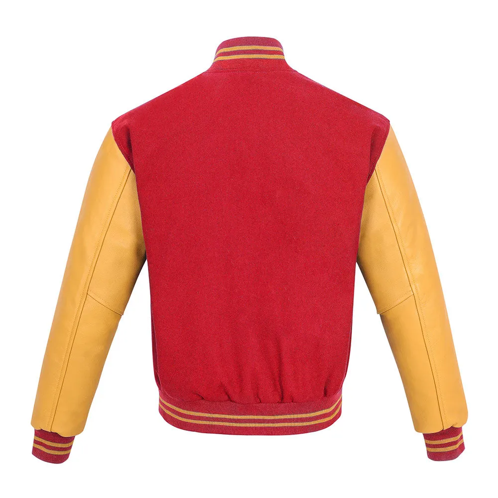 Warrior Gears Classic Hybrid Varsity Jacket University Letterman Bomber Jacket, Pure Wool & Original Cowhide Leather Jacket, Red Wool Body & Gold Leather Sleeves