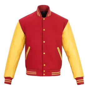 Warrior Gears Classic Hybrid Varsity Jacket University Letterman Bomber Jacket, Pure Wool & Original Cowhide Leather Jacket, Red Wool Body & Gold Leather Sleeves